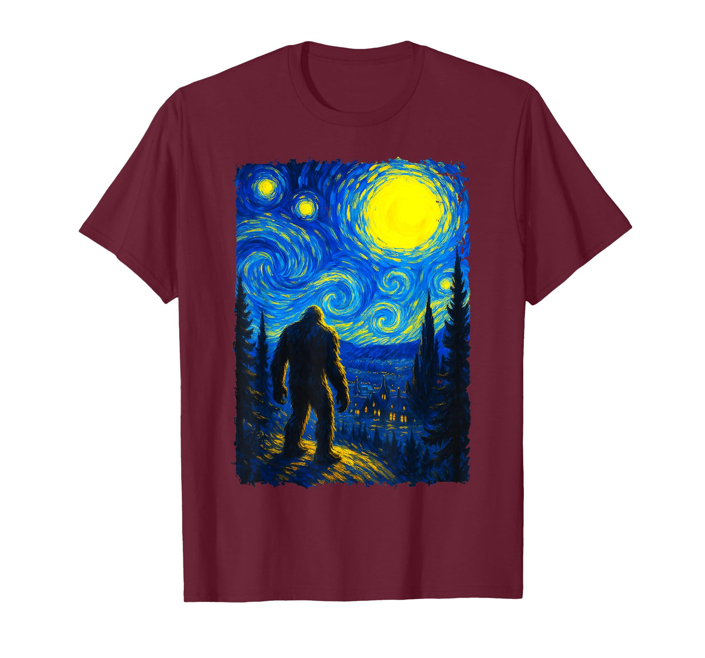 Bigfoot Starry Night Sasquatch Van Gogh Sky Painting Art T-Shirt