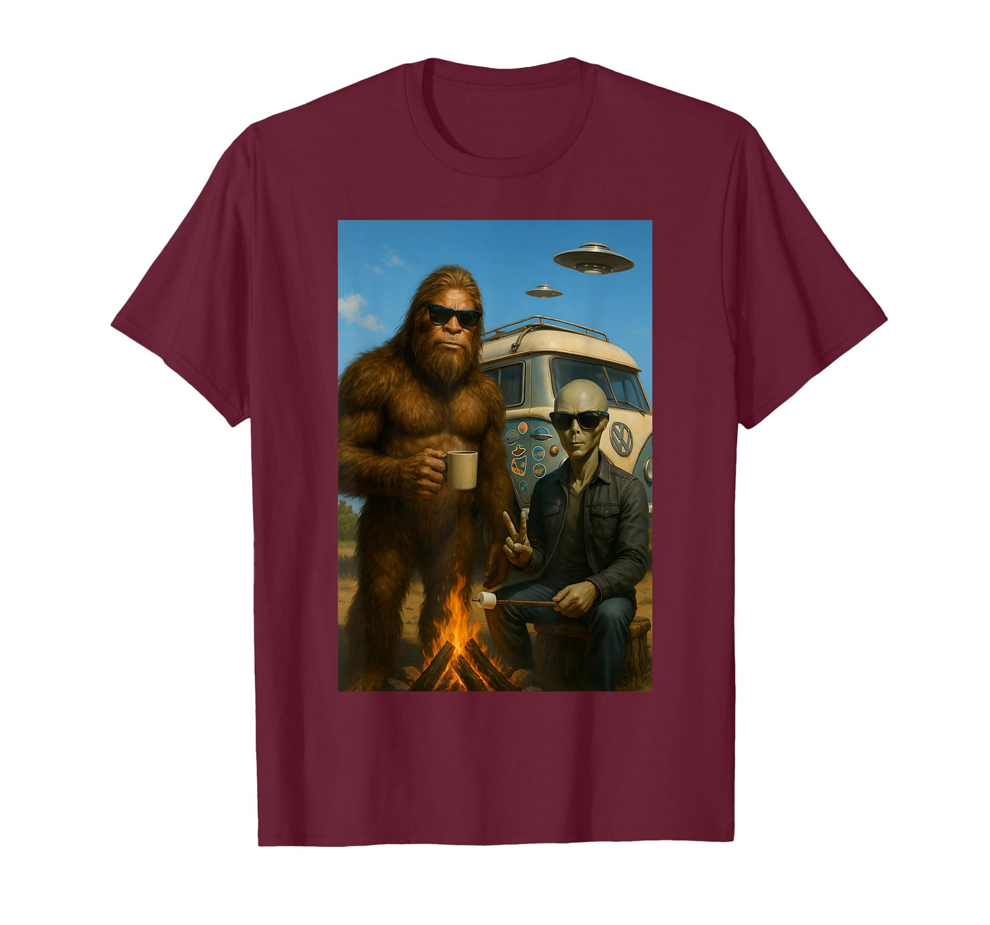 Bigfoot and Alien Camping with UFO T-Shirt