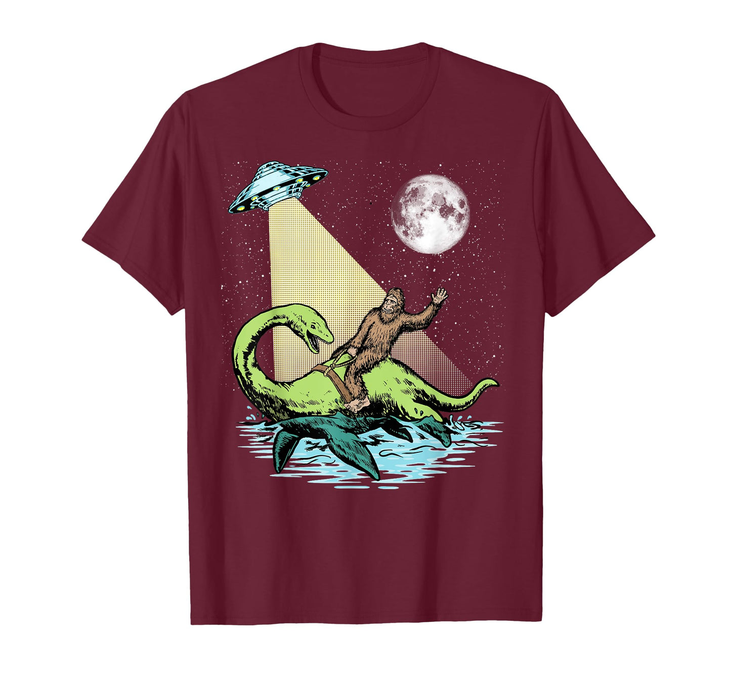 Bigfoot Riding Nessie & UFO Aliens At Night Funny Retro T-Shirt