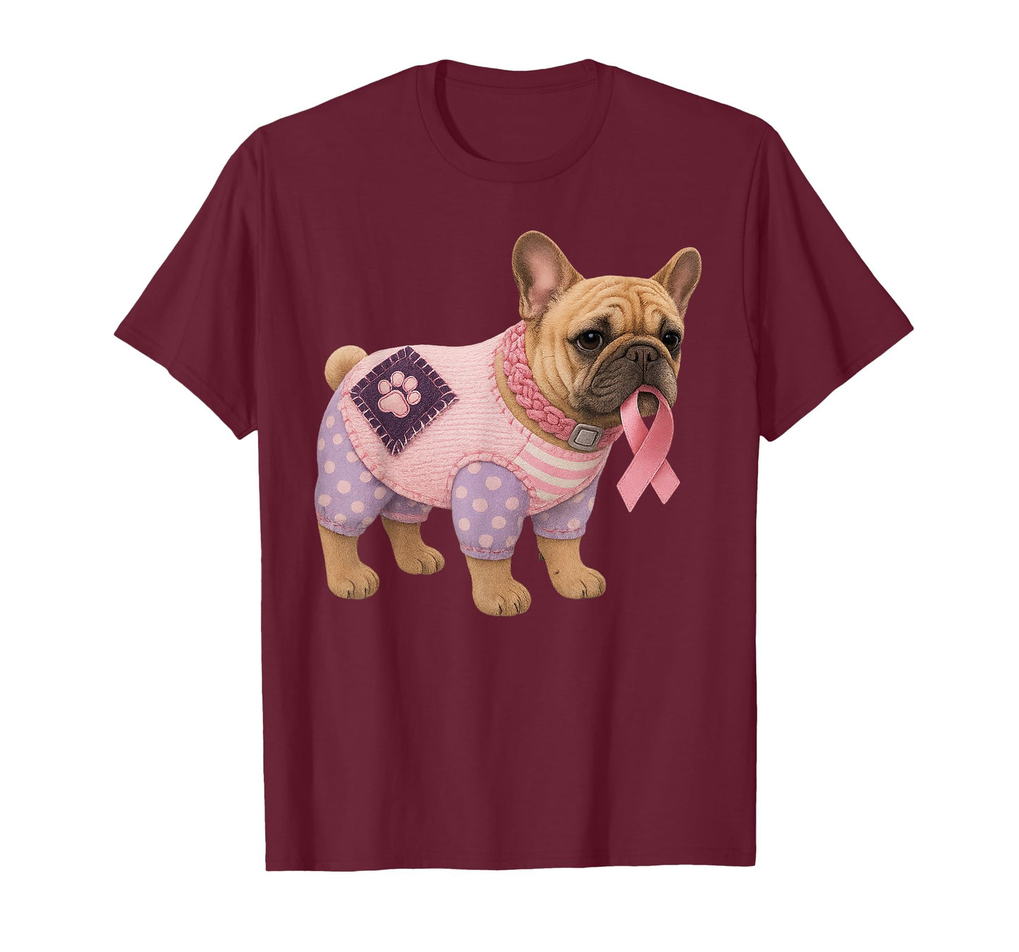 French Bulldog Pink Ribbon Breast Cancer Pattern Felt Art T-Shirt