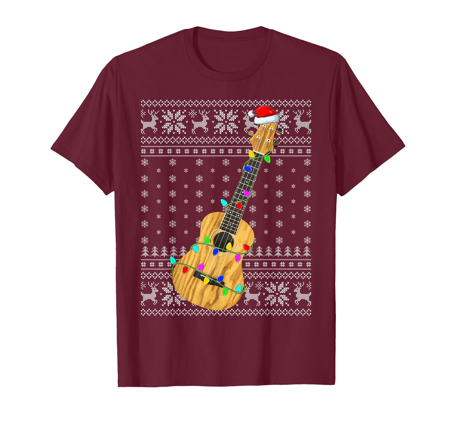 Ugly Sweater Xmas Lights Santa Hat Musical Ukulele Christmas T-Shirt