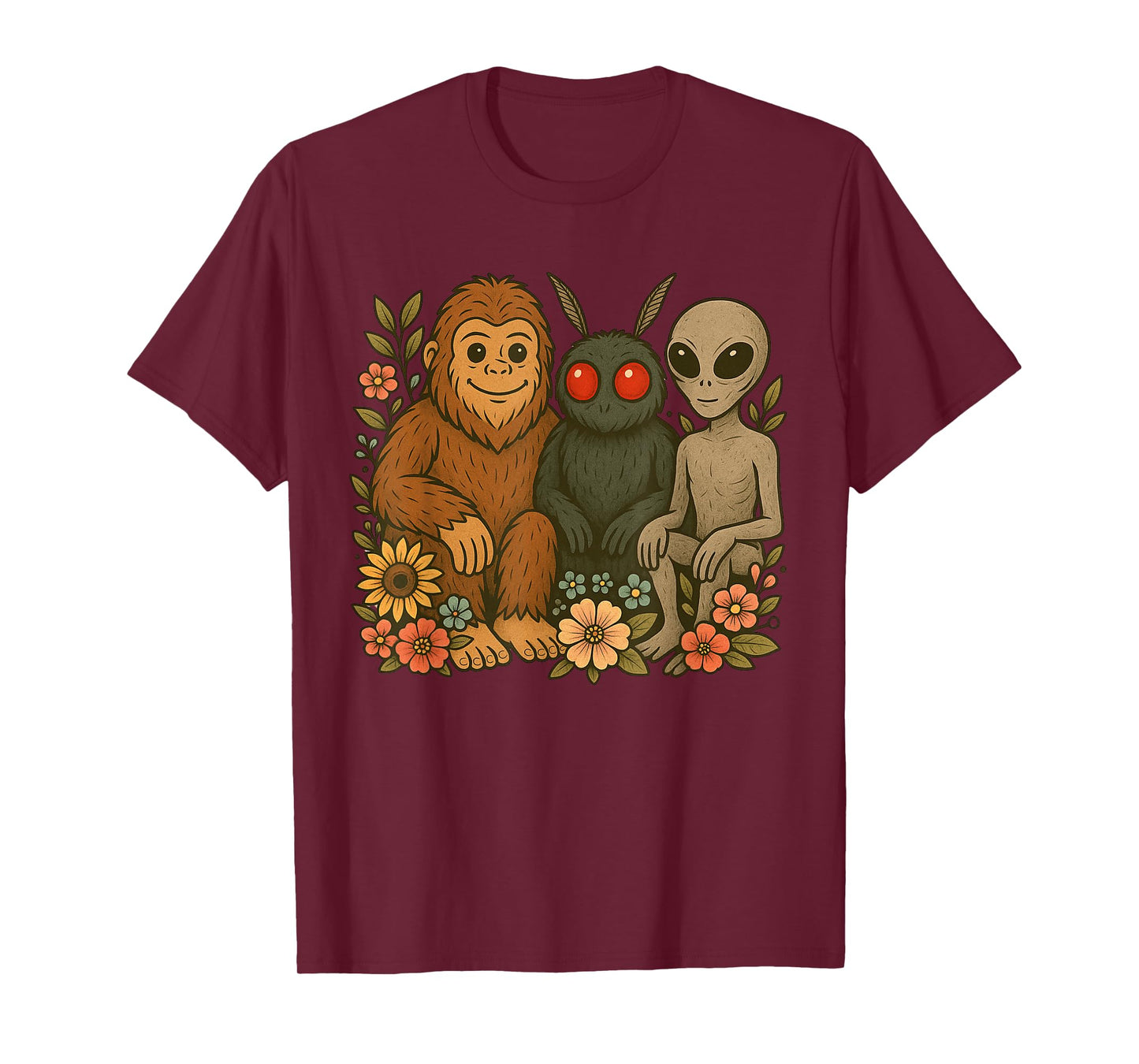 Cute Mothman Alien And Bigfoot Cryptid Friends Floral Art T-Shirt