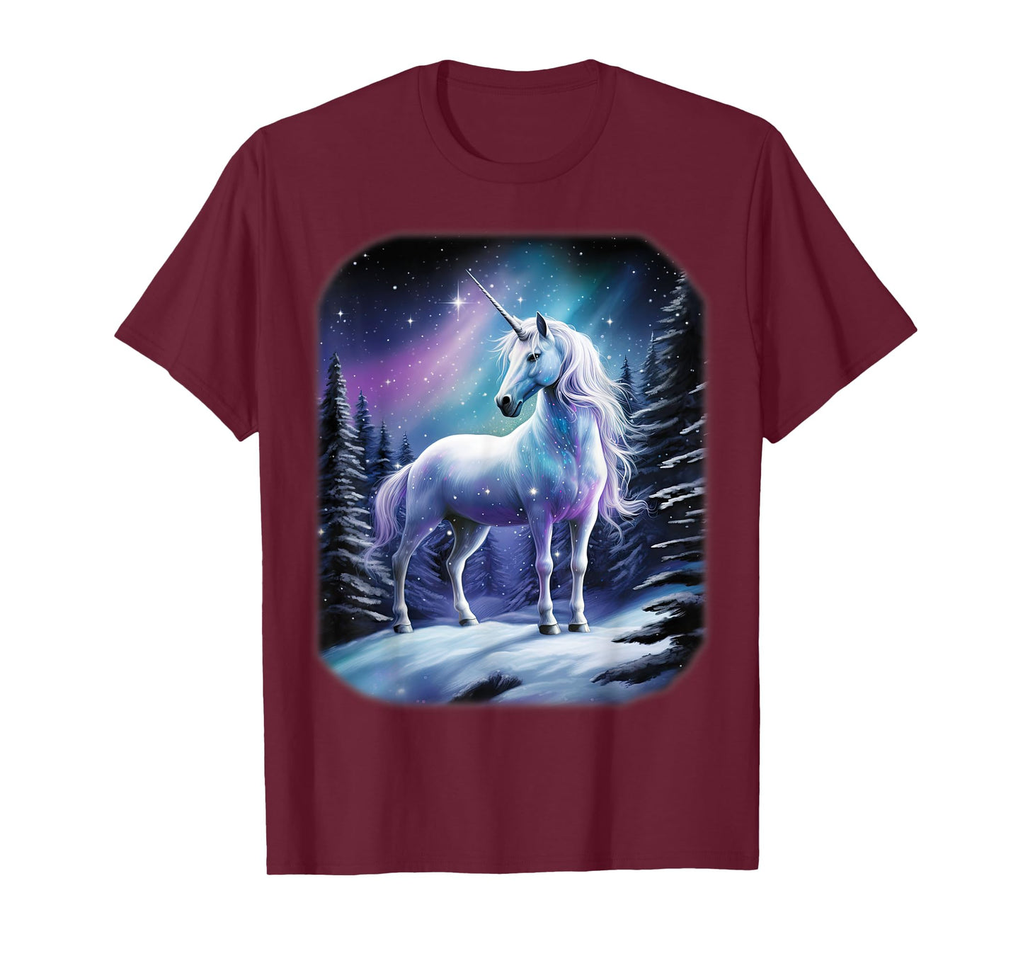 Fantasy white Unicorn standing in the snowy forest T-Shirt