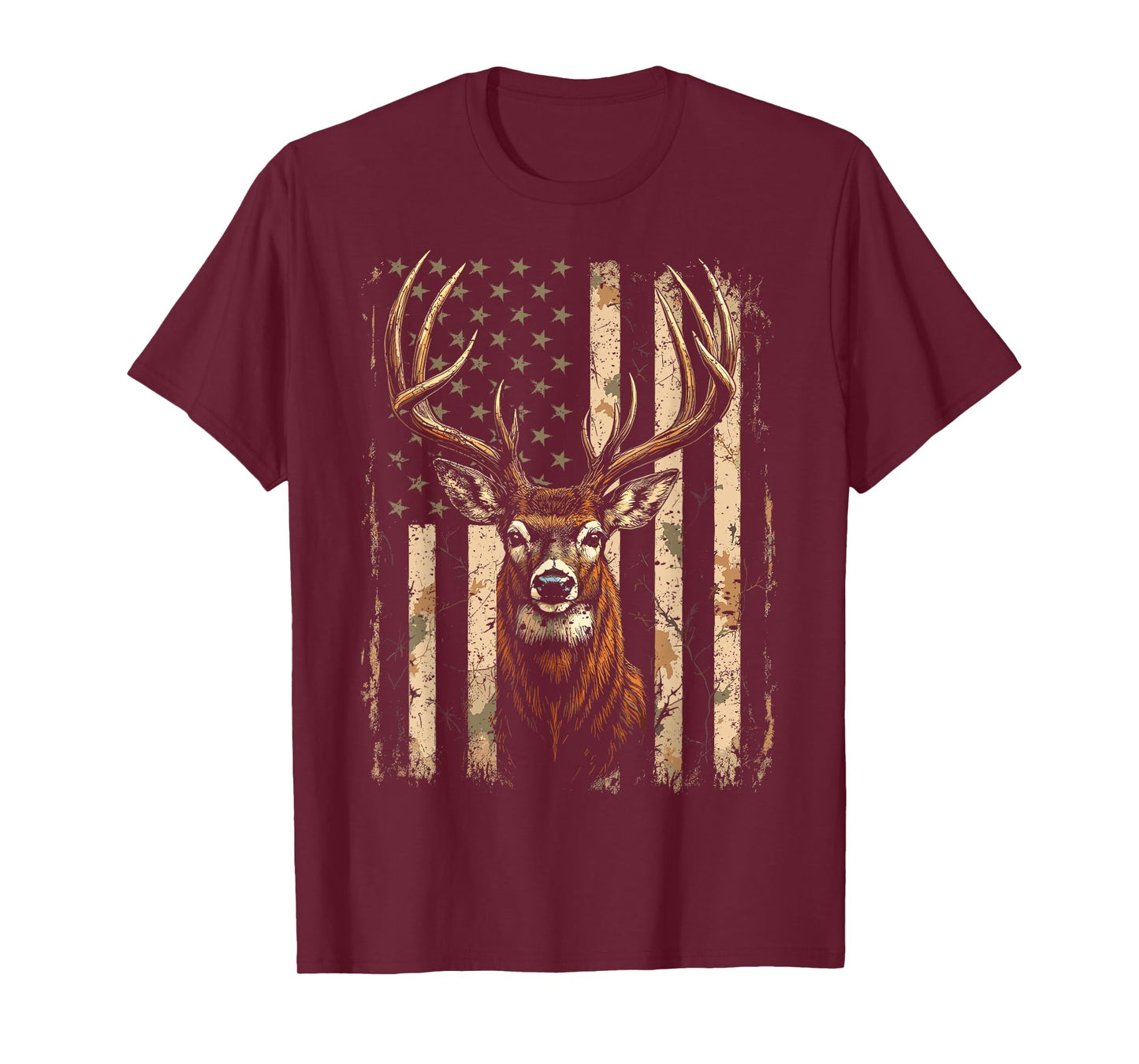 American Flag Vintage Tee Buck Deer Hunting Camouflage Style T-Shirt