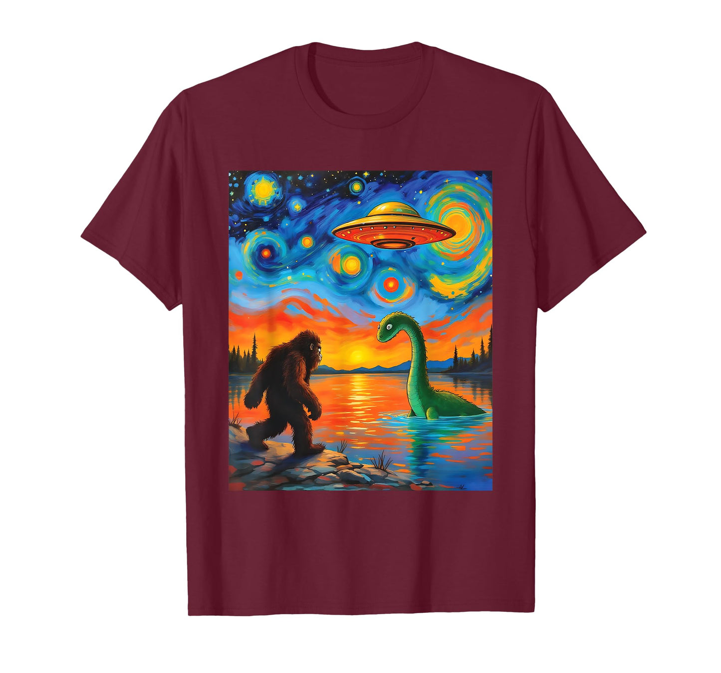 Bigfoot UFO Alien Encounter Van Gogh Starry Night Mystery T-Shirt