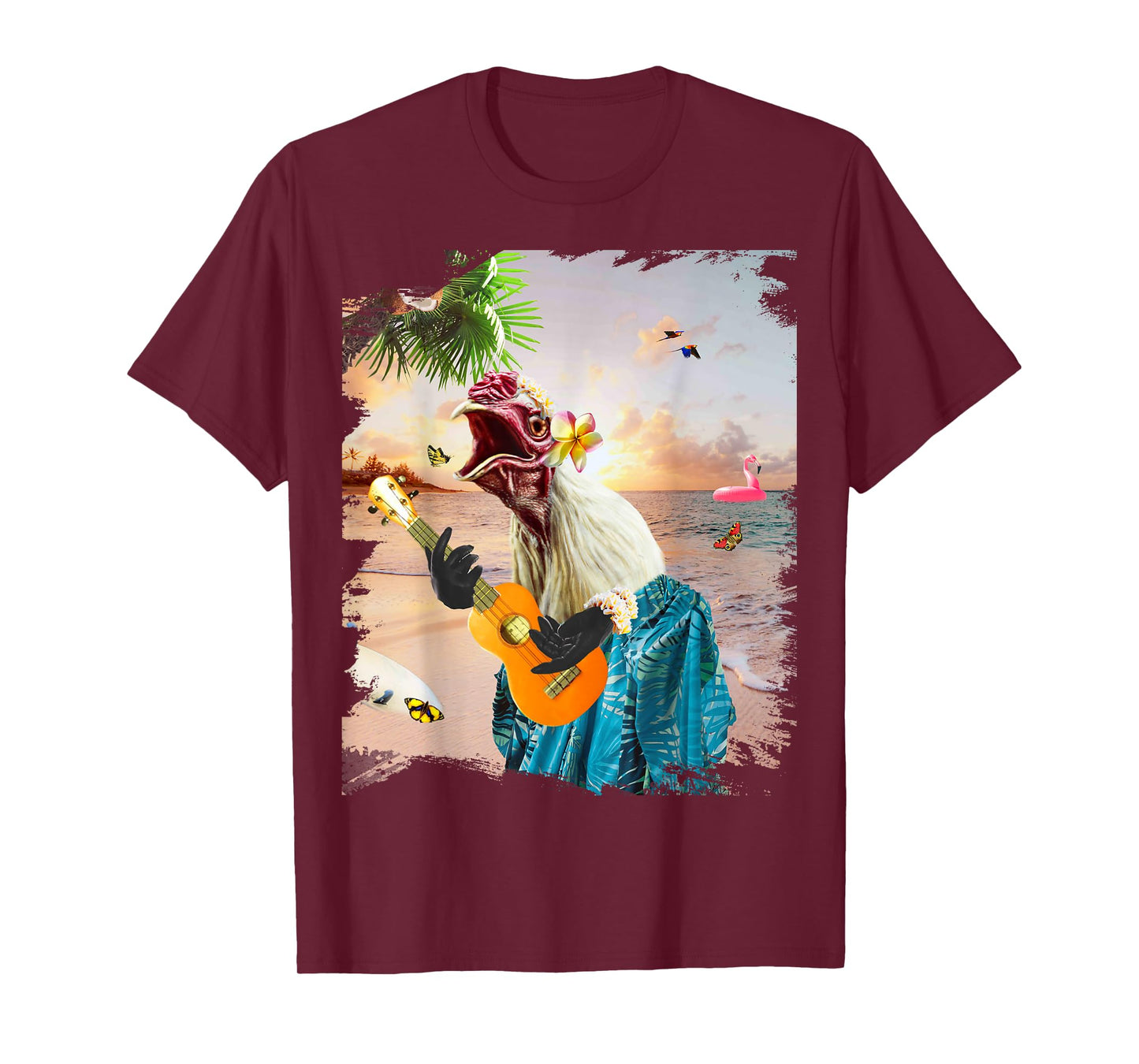 Aloha Hawaiian Chicken Playing Ukulele Beach Funny T-Shirt
