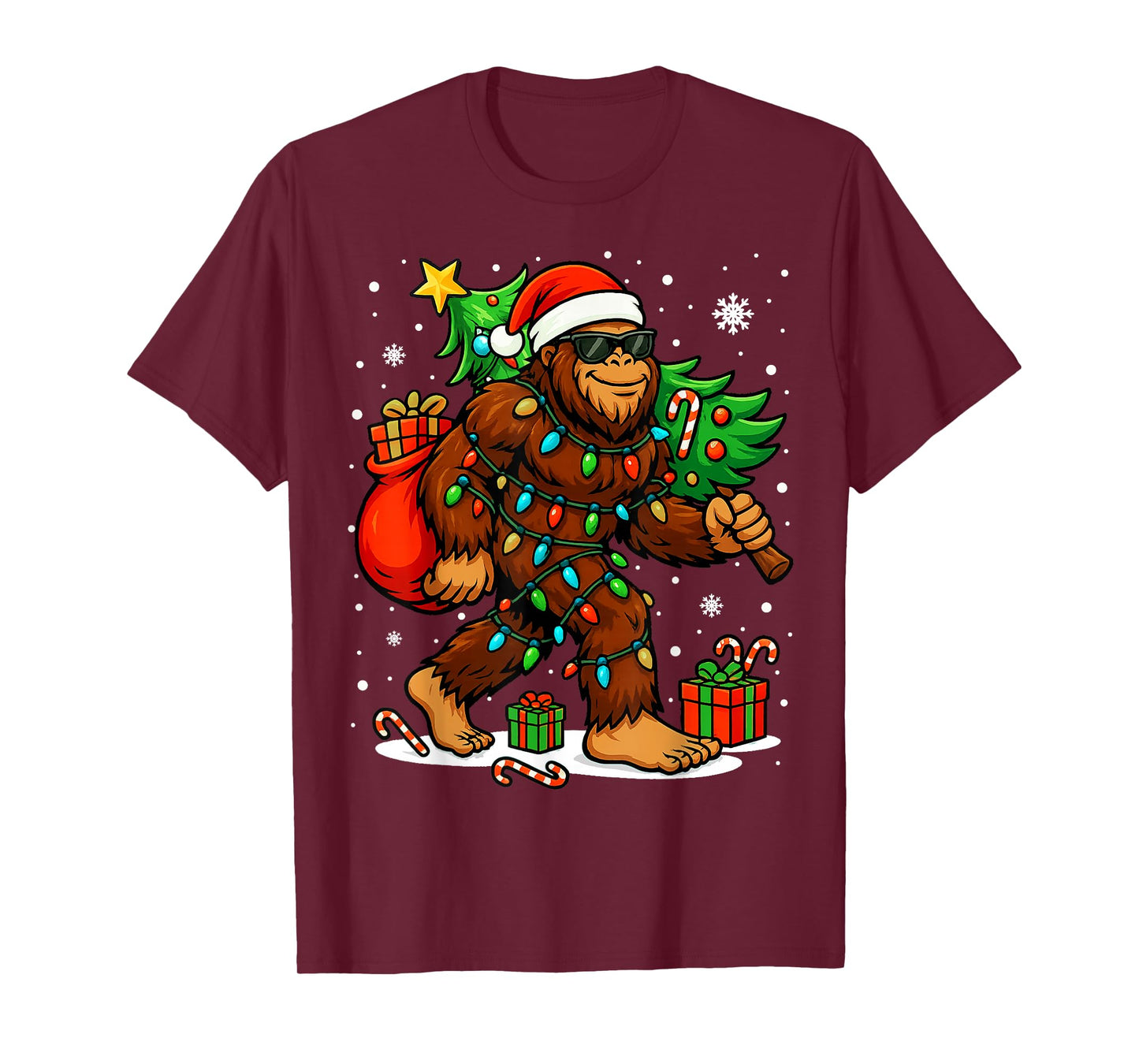 Santa Bigfoot Christmas Tree Xmas Lights Funny Sasquatch T-Shirt