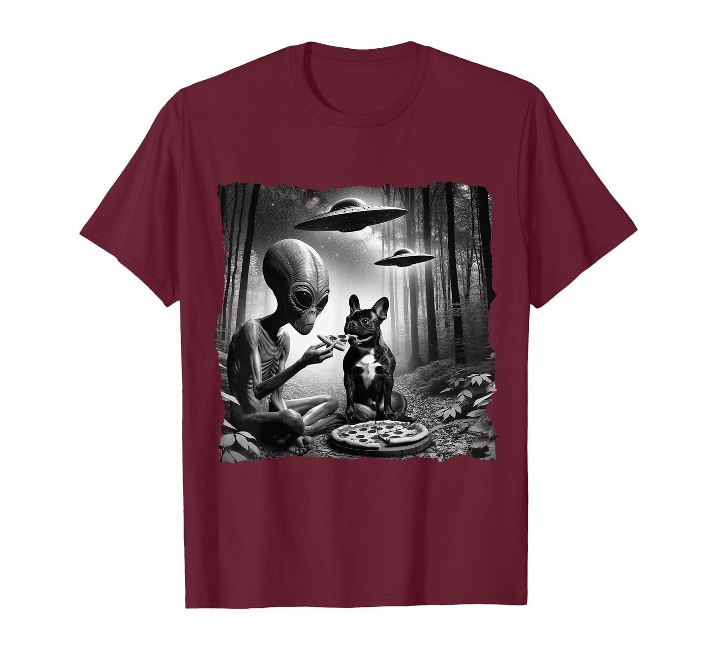 French Bulldog With Alien Eating Pizza. UFO French Bulldog Men Women Kids T-Shirt