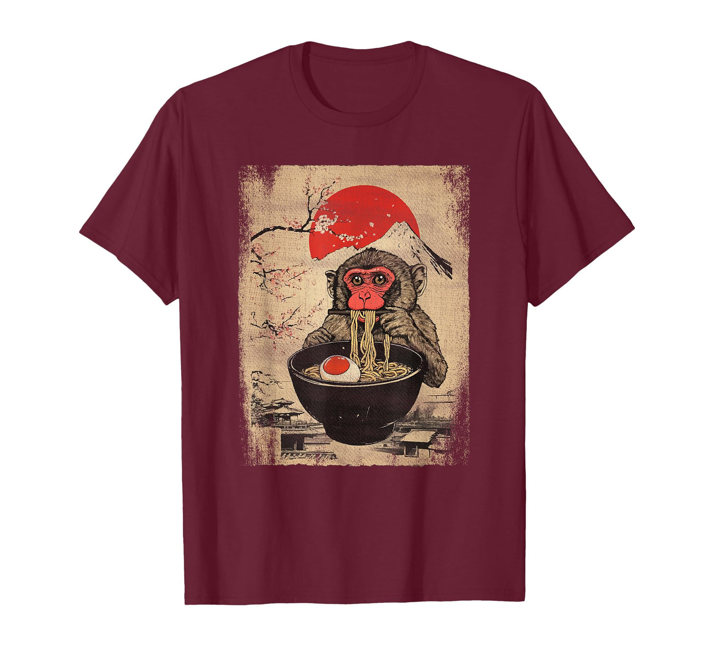 Japanese Woodblock Graphic Macaque Eating Ramen Monkey Lover T-Shirt