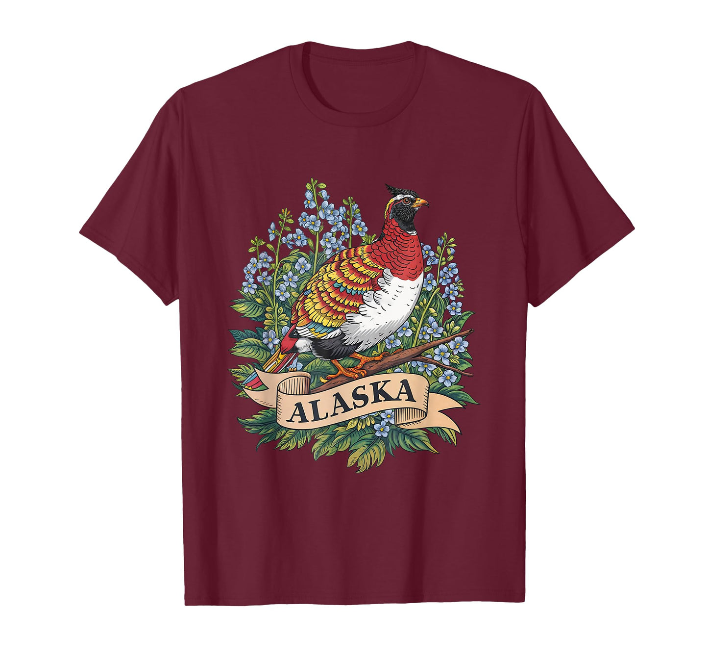 Alaska Willow Ptarmigan Bird and Forget-Me-Not Flower T-Shirt