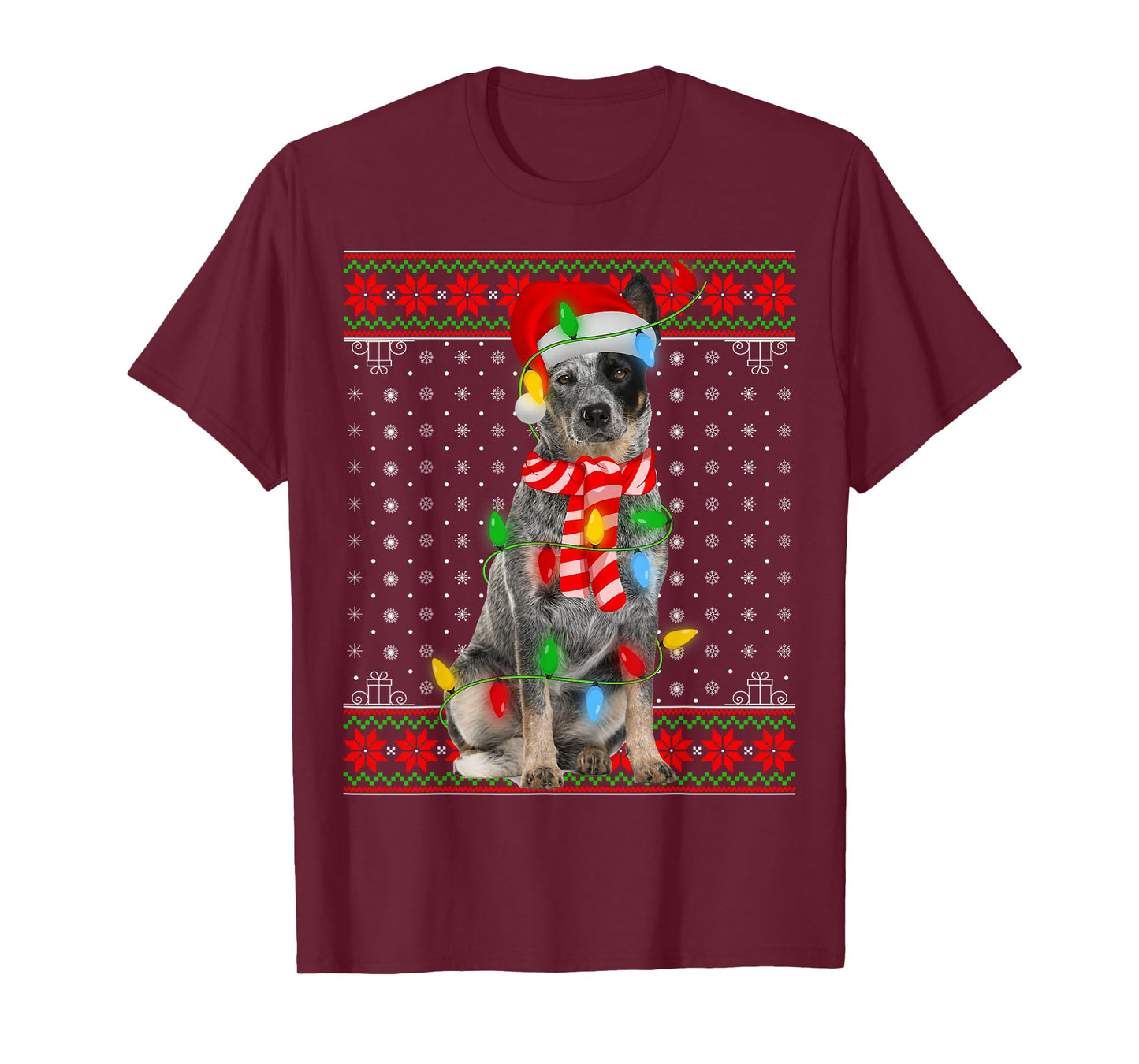 Ugly Xmas Dog Lights Santa Hat Blue Heeler Dog Christmas Men Women Girls Kids T-Shirt