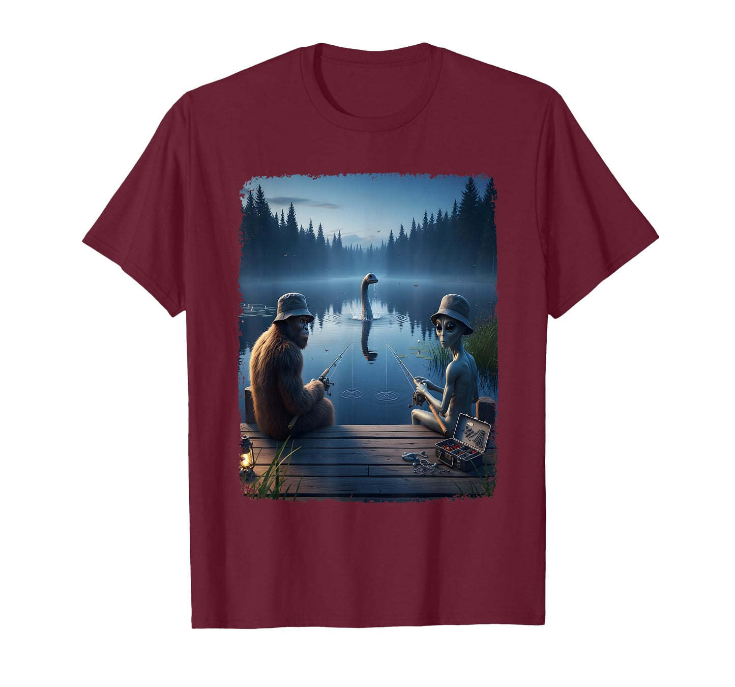 Funny Cryptid Fishing Loch Ness Selfie Top Alien Bigfoot T-Shirt
