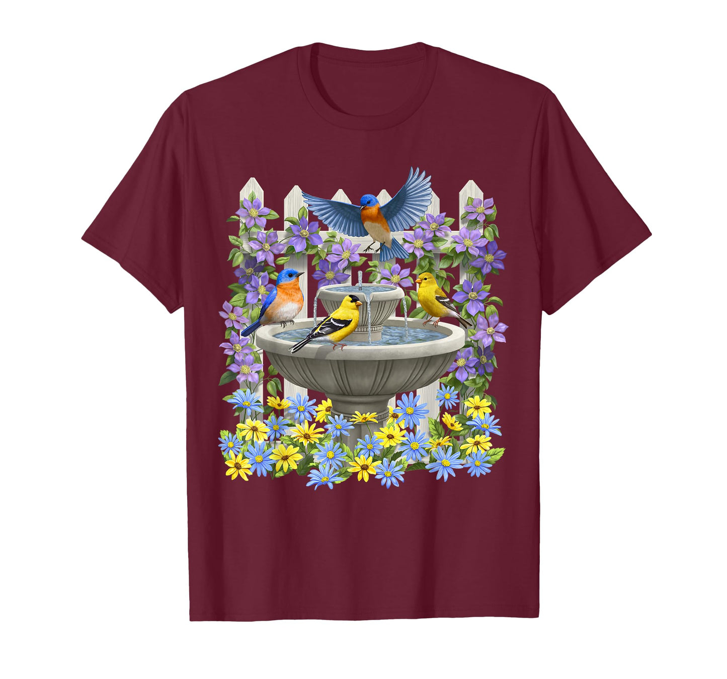 Bluebirds Goldfinches & Bird Bath Flower Garden T-Shirt