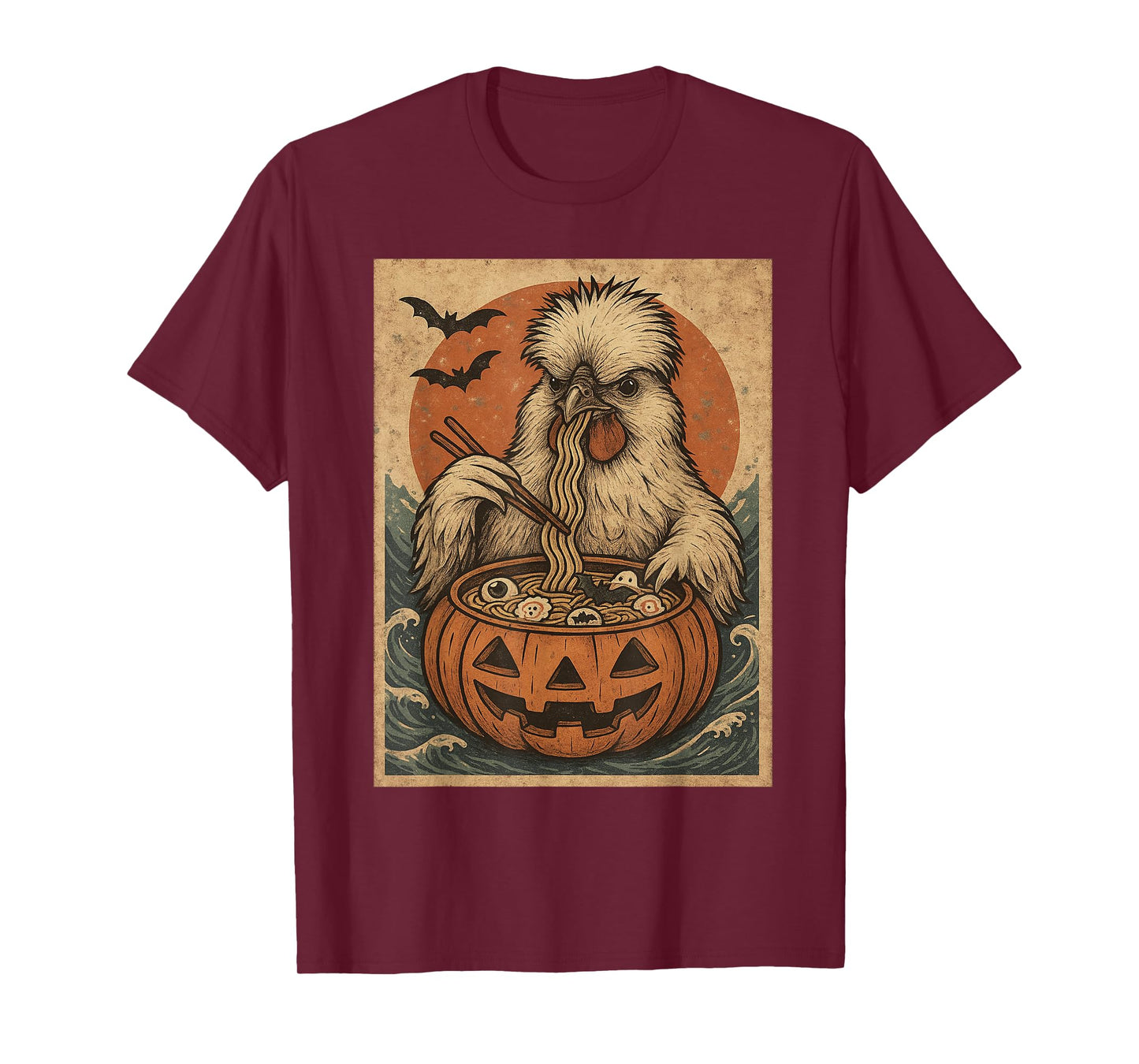 Funny Spooky Silkie Chicken Pumpkin Japanese Ramen Noodles T-Shirt