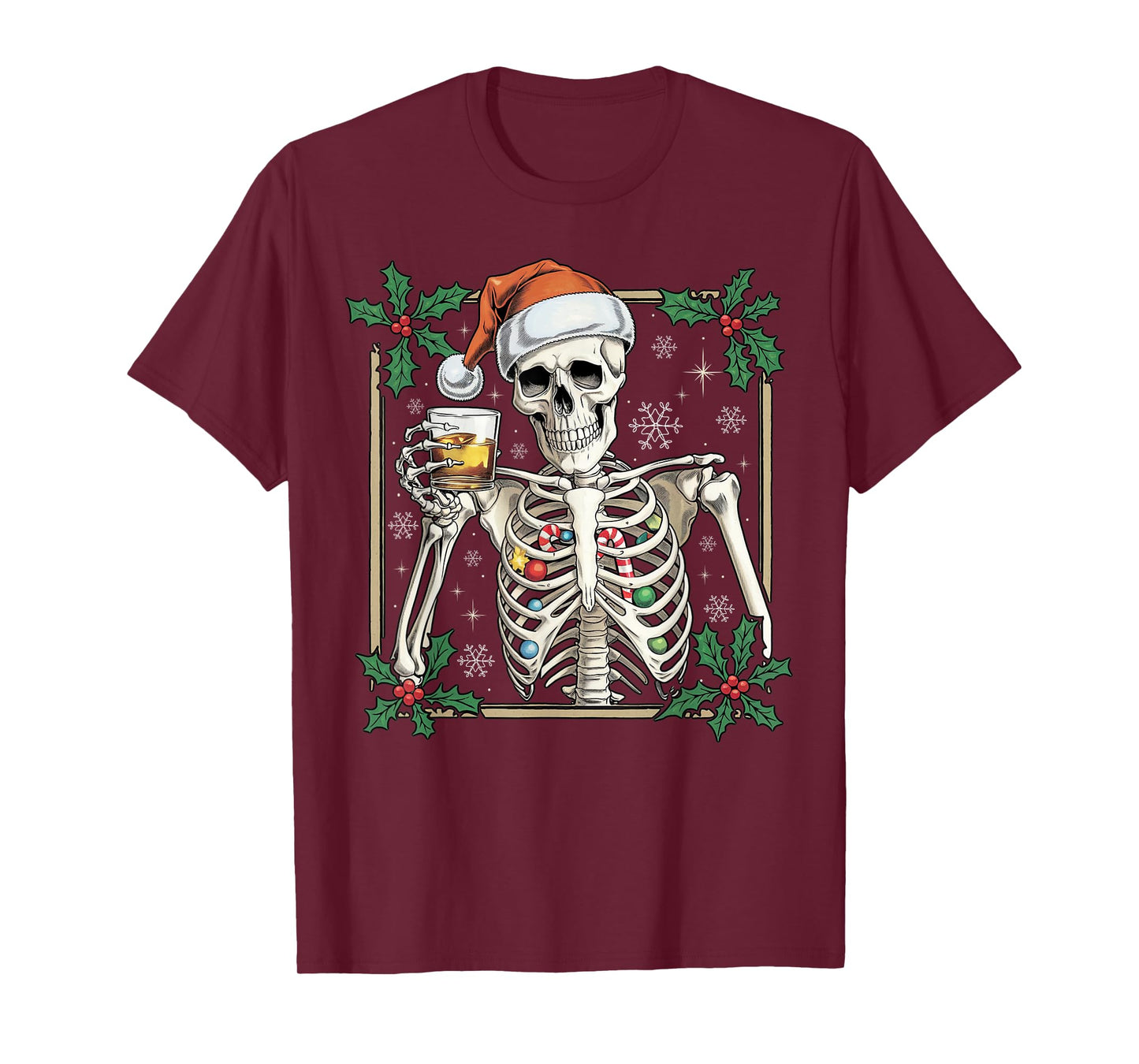 Funny Skeleton Santa Hat Drinking Bourbon Whiskey Christmas T-Shirt