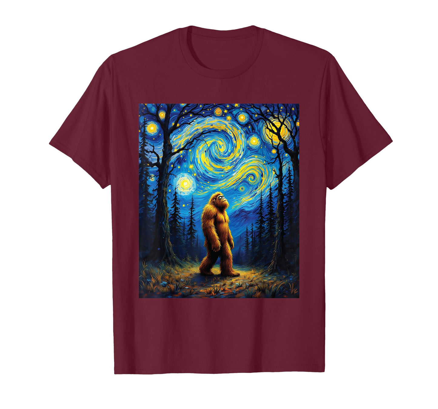 Sasquatch Bigfoot Van Gogh Starry Night Art Painting Graphic T-Shirt