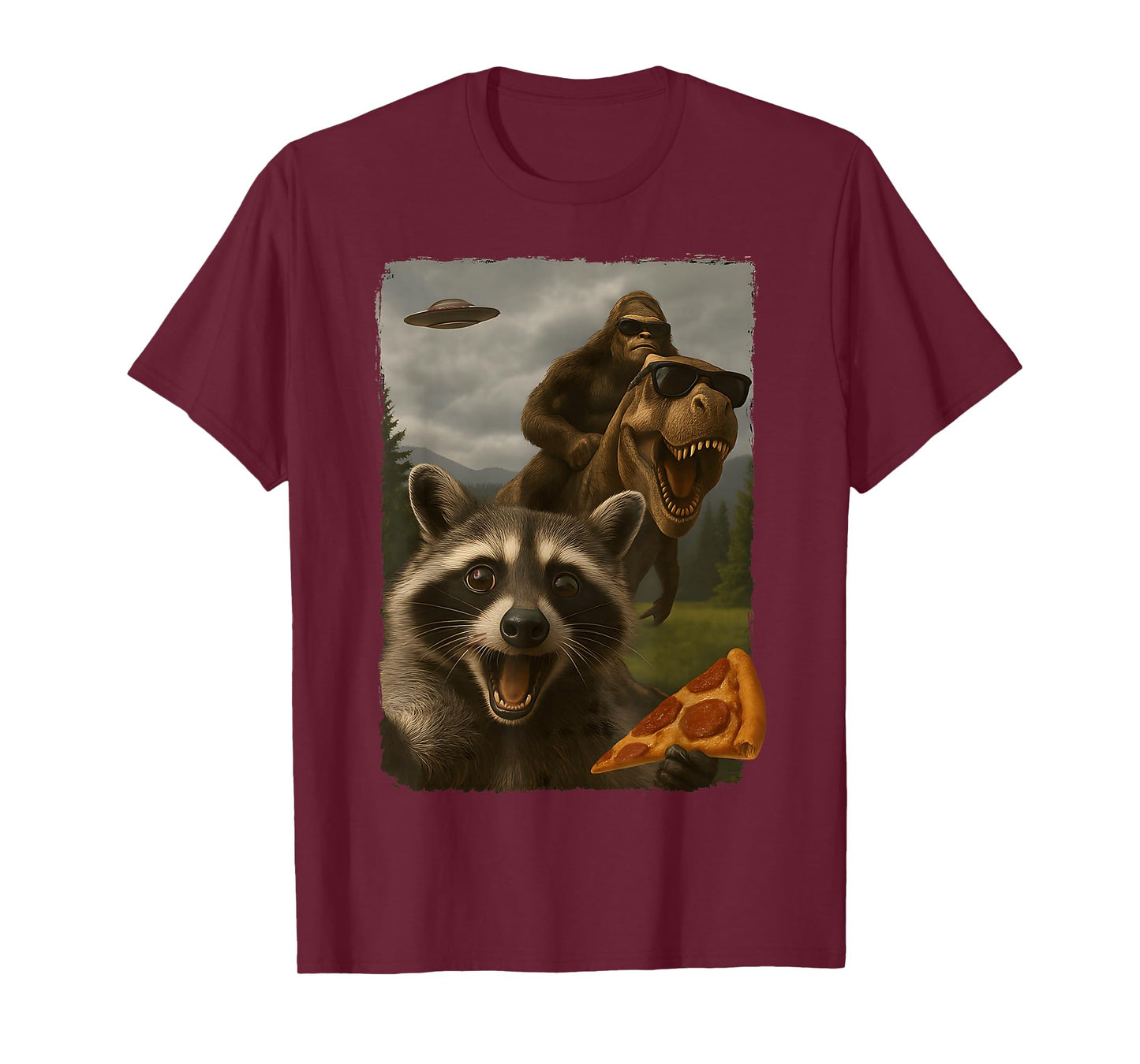 Funny Raccoon Selfie Bigfoot Sasquatch Riding T-Rex UFO T-Shirt