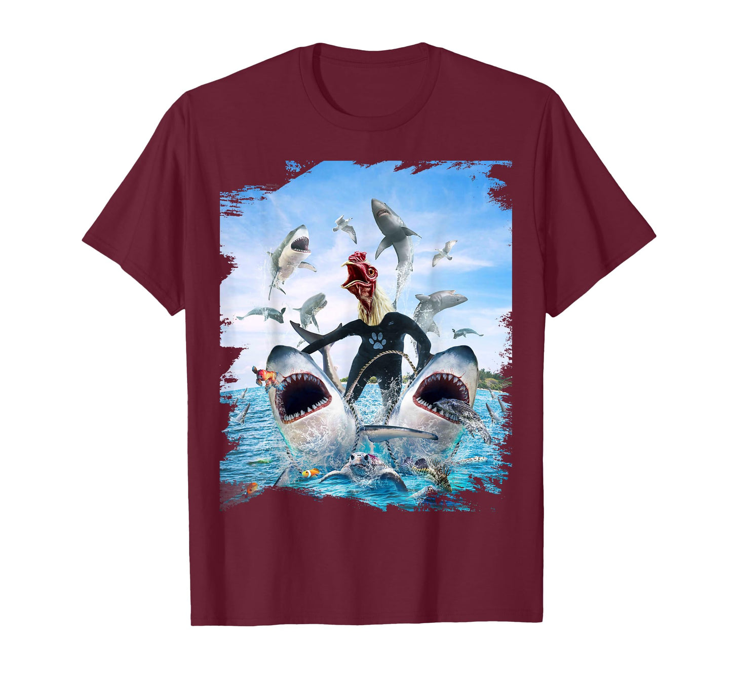 Chicken Riding Shark Sharks At Beach Ocean Funny T-Shirt
