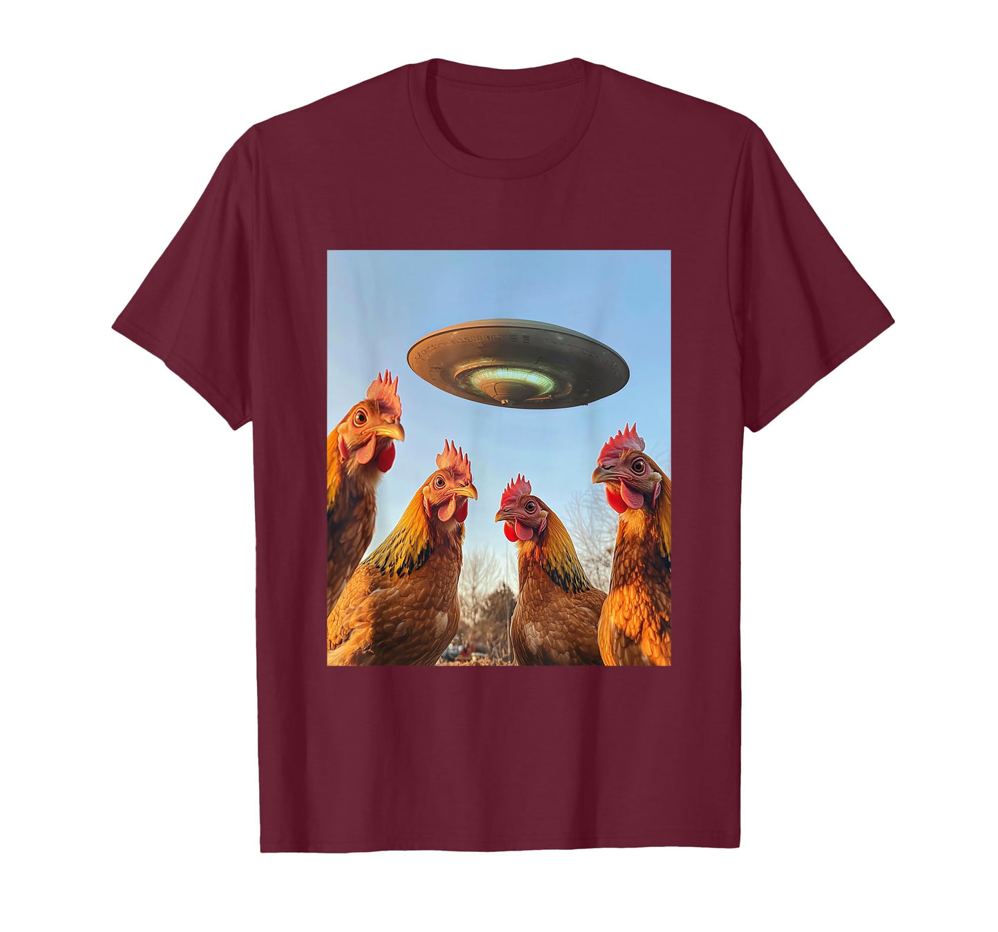 Chicken Selfie with UFOs Aliens Funny Graphic T-Shirt