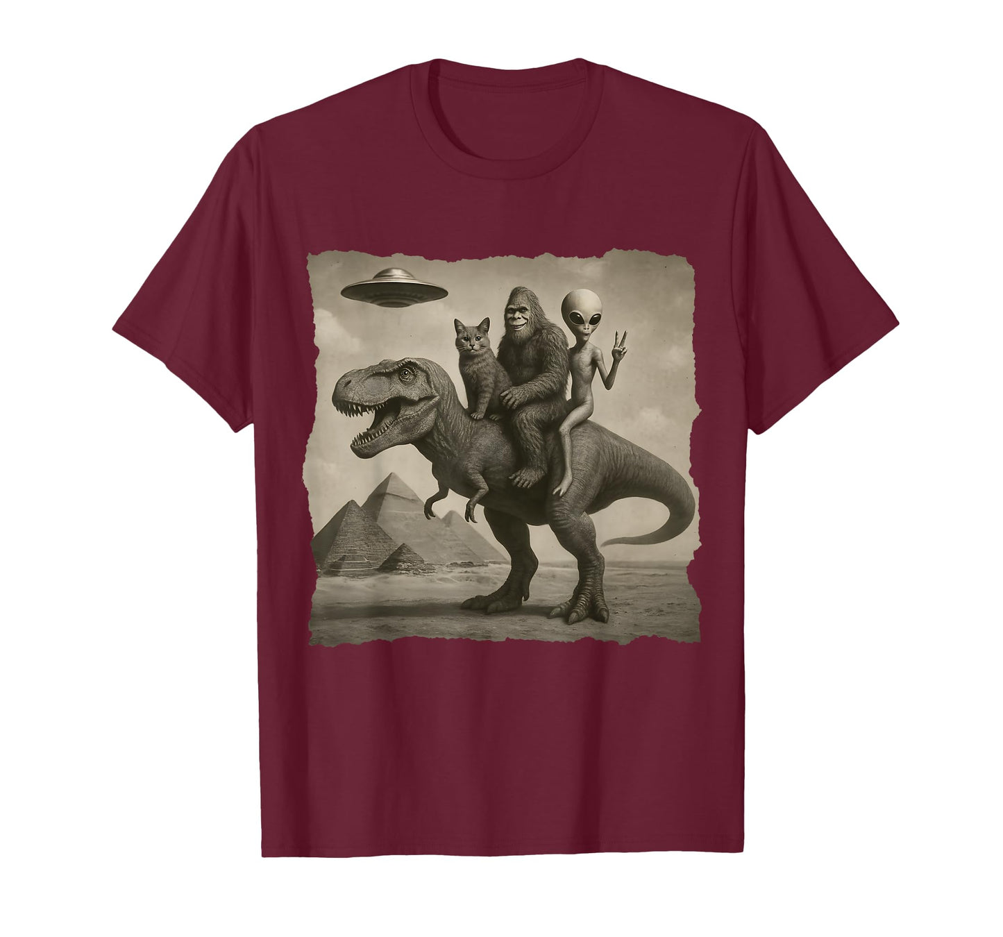 Funny Cat Alien and Bigfoot Riding Dinosaur T-Rex. UFO Lover T-Shirt