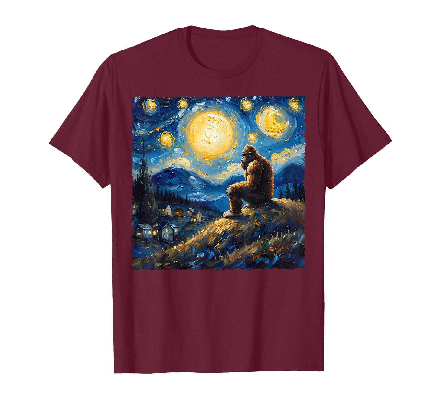 Van Gogh Style Funny Bigfoot Lover Starry Night Painting T-Shirt
