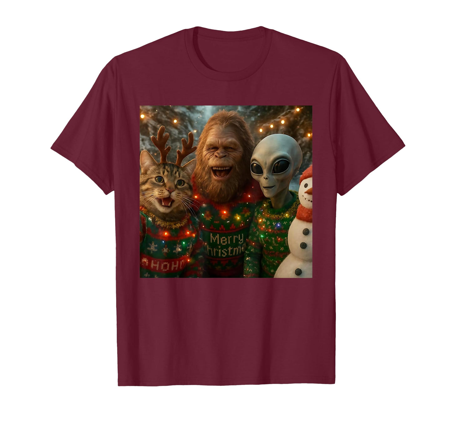 Funny Christmas Cat Selfie with Bigfoot Alien Ugly Sweater T-Shirt