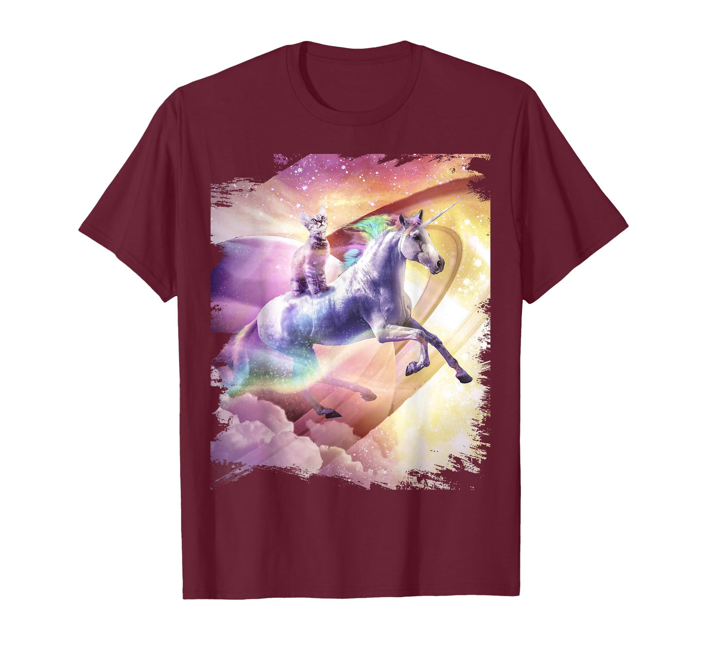 Rainbow Galaxy Cat Riding Unicorn in Space T-Shirt for Men Women Girls Kids