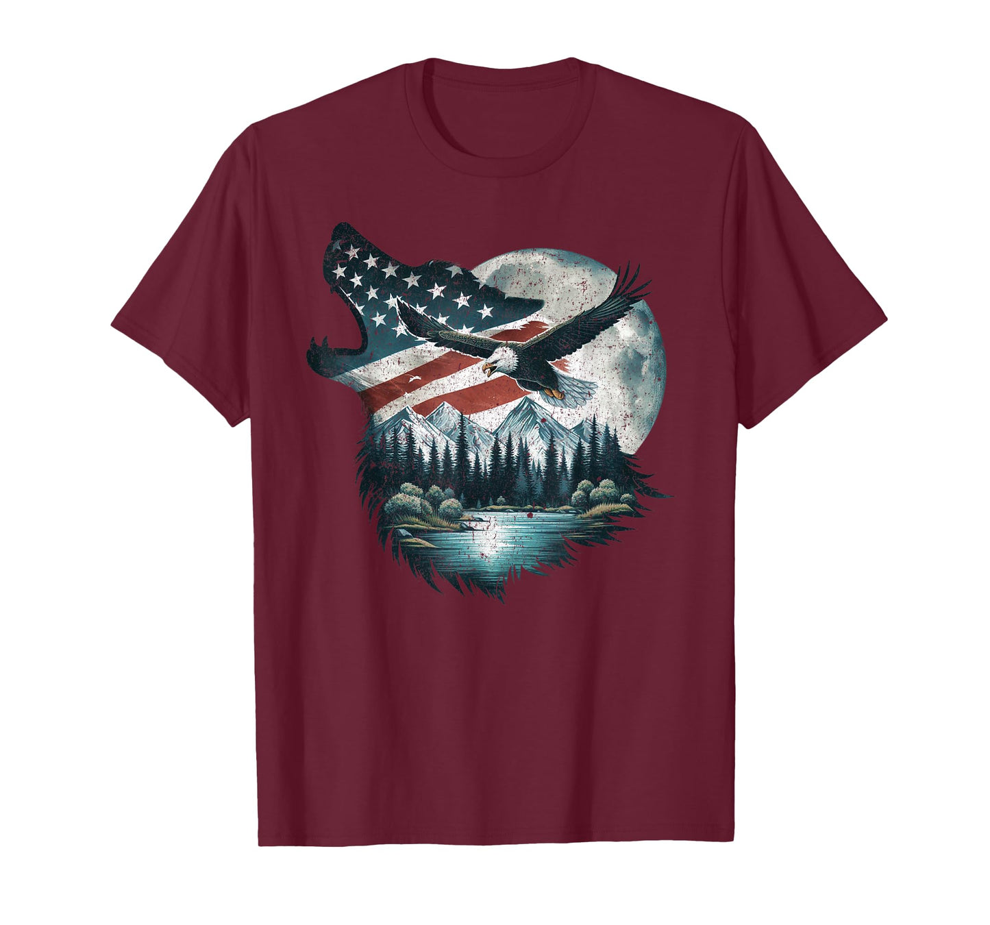 Bald Eagle Wolf US Flag 4th Of July Patriotic Man Woman T-Shirt