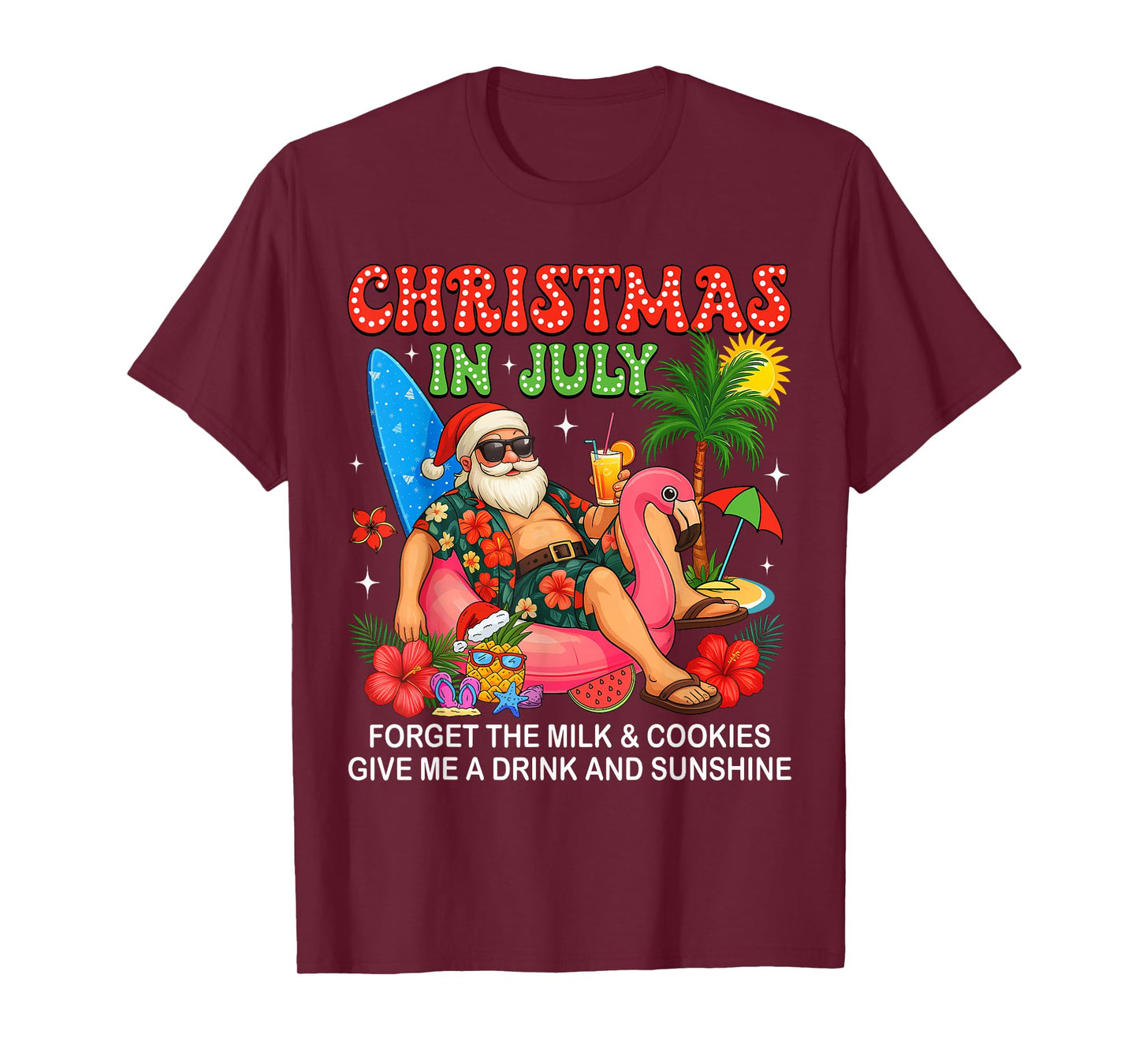Christmas In July Boys Girls Kids Santa Flamingo Summer Xmas T-Shirt