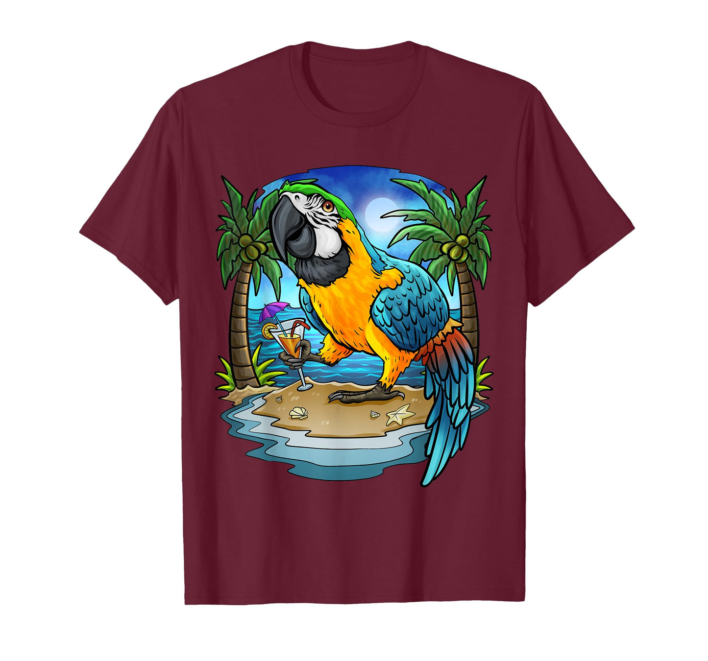 Blue and Gold Macaw Parrot Drinking Margaritas Vacation Bird T-Shirt