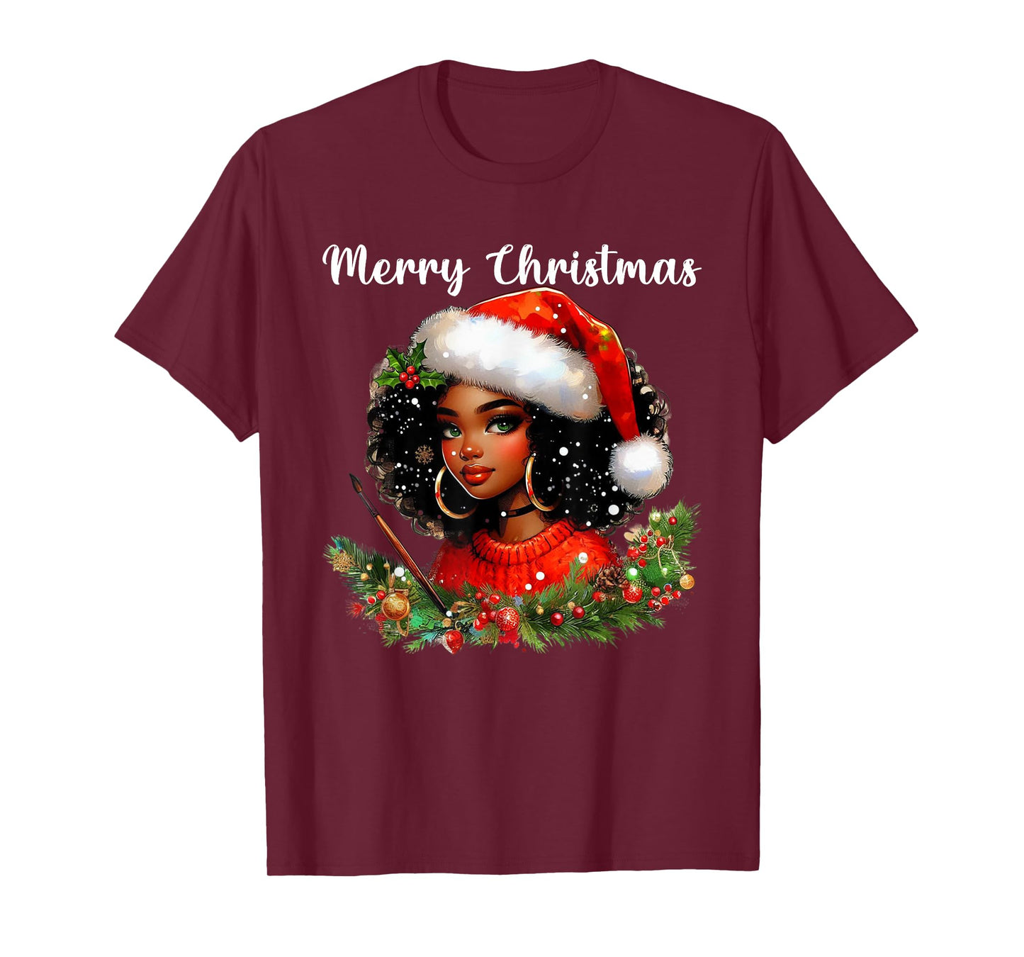 Black African Girl Merry Christmas American Melanin Santa T-Shirt