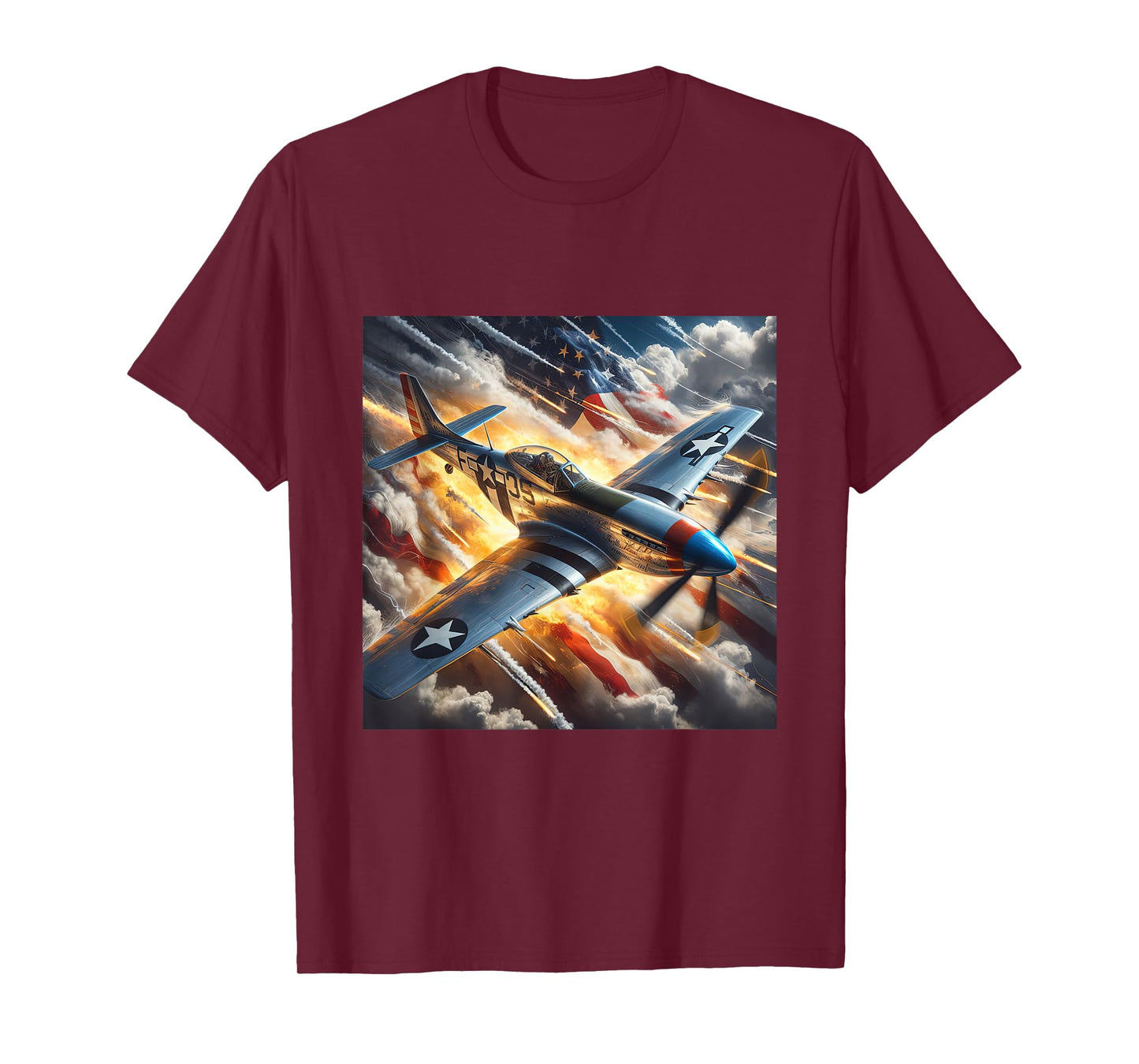 WWII Warbirds | P-51 Mustang in Dynamic Sky US Flag T-Shirt