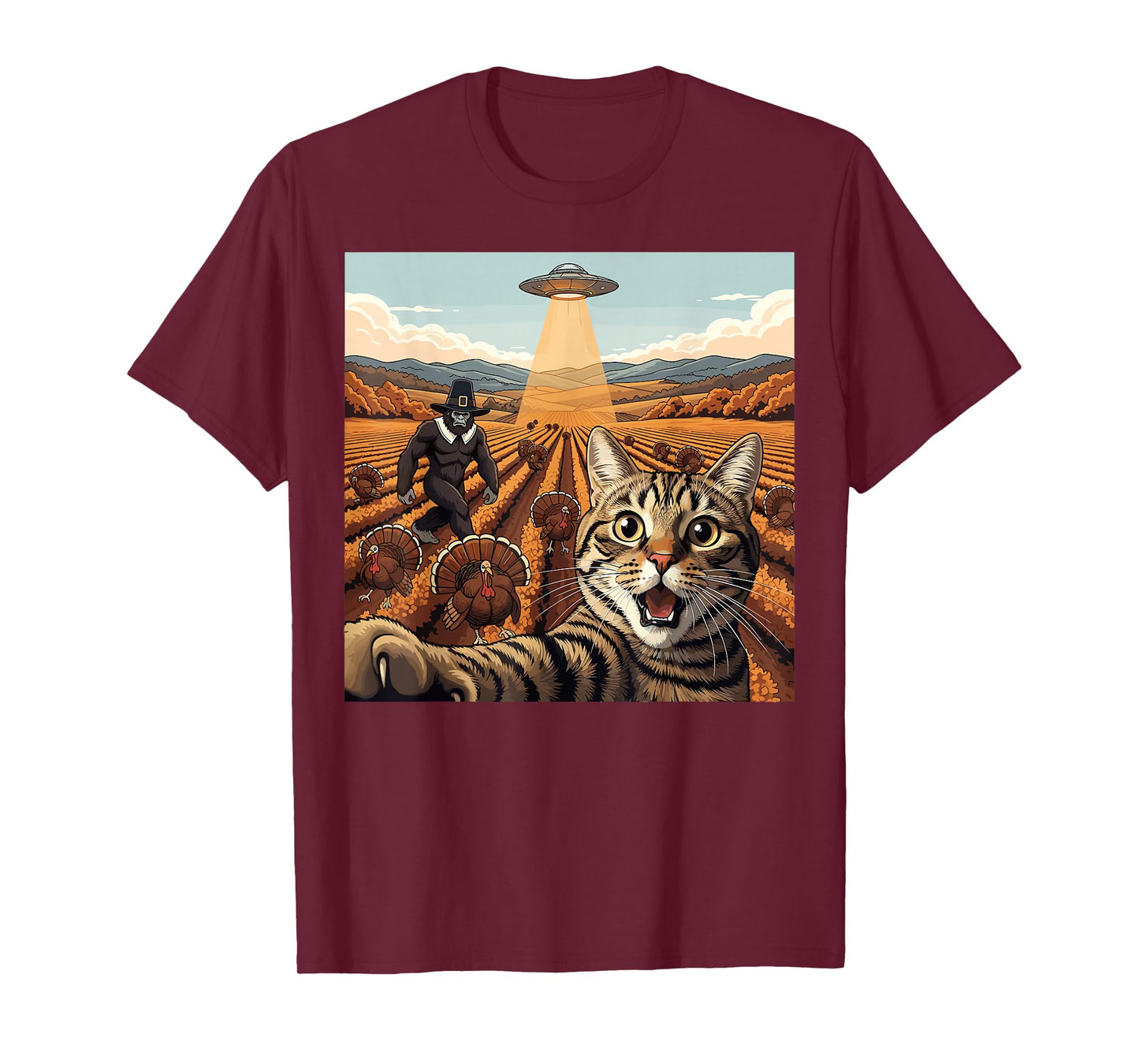 Thanksgiving Turkey Cat Selfie UFO Bigfoot Pilgrim T-Shirt