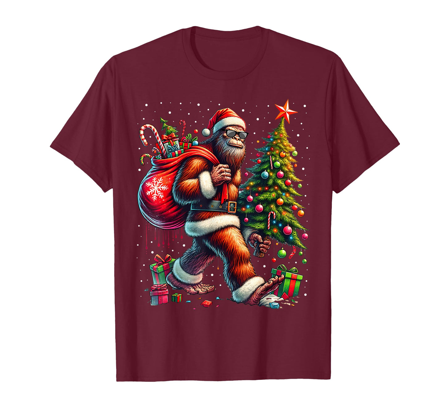 Santa Bigfoot Christmas Tree Xmas Lights Funny Sasquatch T-Shirt