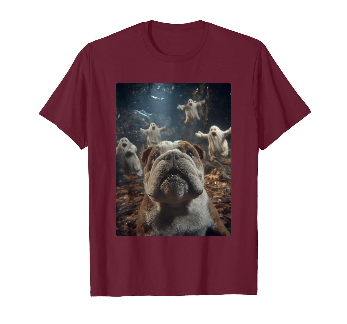 British Bulldog Selfie Ghosts Haunted Forest Halloween Dog T-Shirt