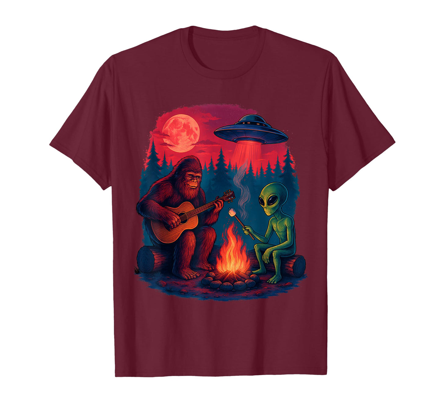 Alien Bigfoot Campfire Moon UFO Sasquatch Adventure Hiking T-Shirt