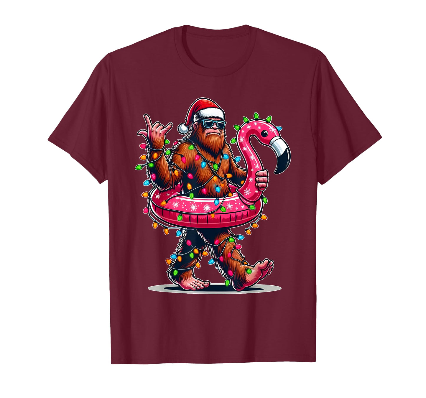 Santa Bigfoot Flamingo Christmas Light Funny Rock Sasquatch T-Shirt