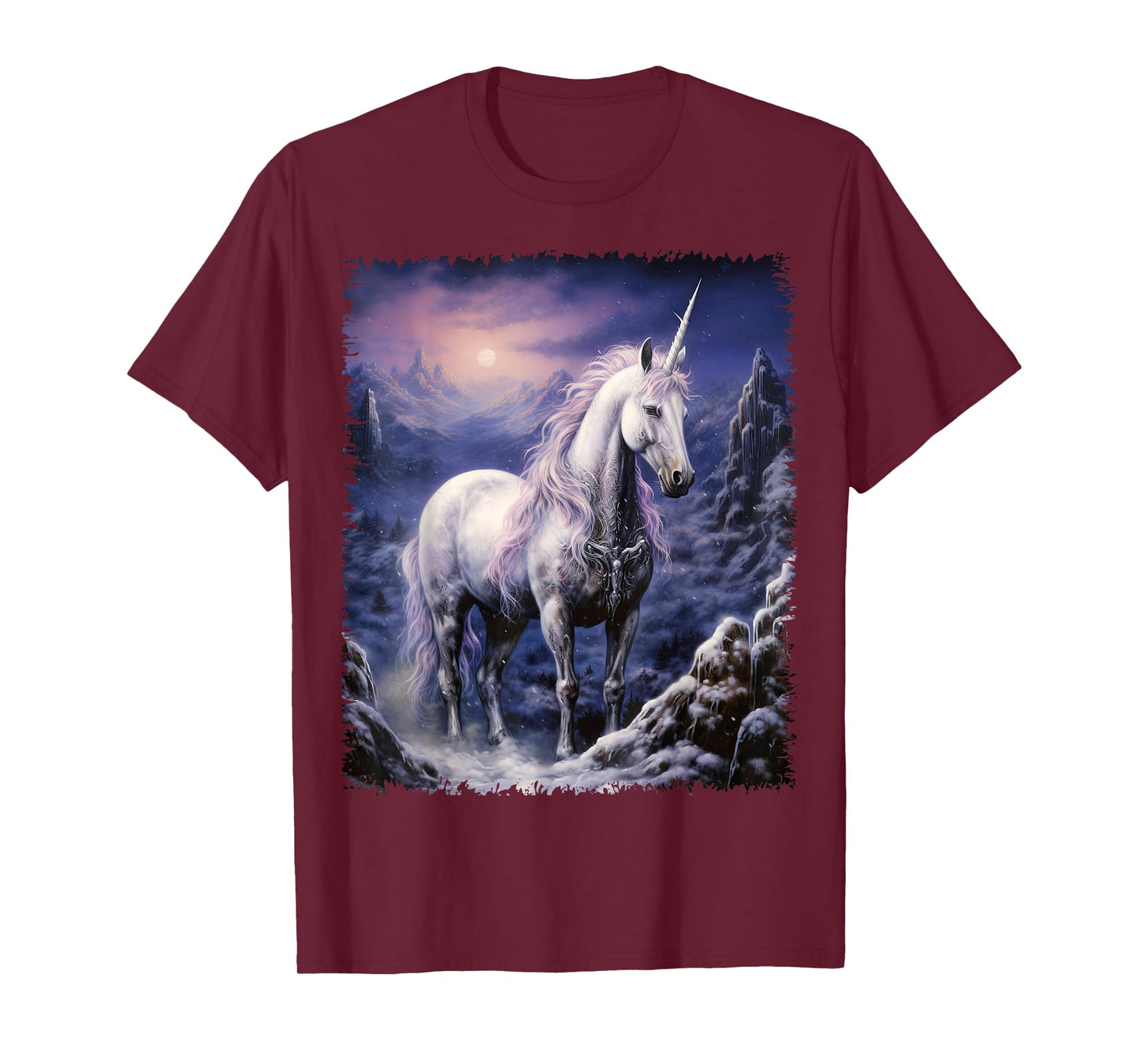Fantasy white Unicorn standing in the snowy forest T-Shirt