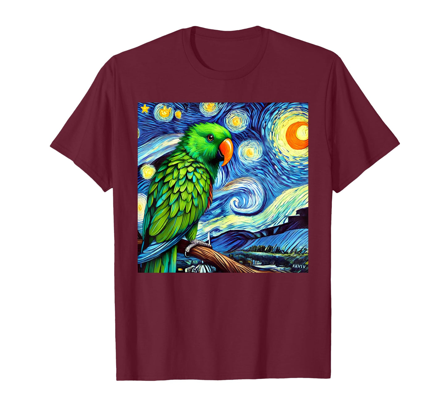 Green Eclectus Parrot Bird Starry Night Sky Art Van Gogh T-Shirt