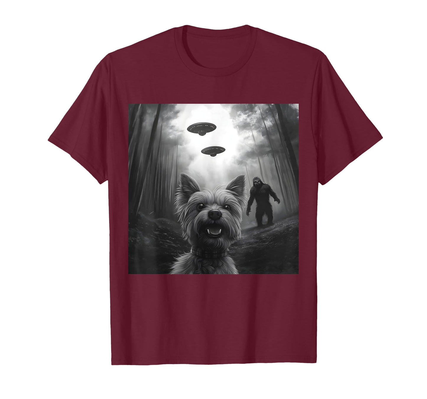 Yorkie vs. Bigfoot – Funny Yorkshire Terrier Alien Encounter T-Shirt