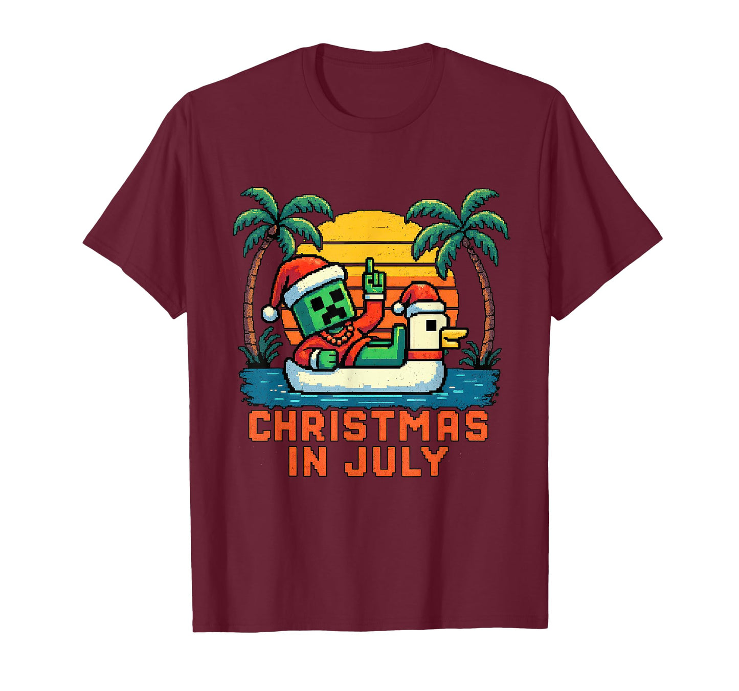 Christmas In July Funny Santa Zombie Chicken Pixel Art Kids T-Shirt
