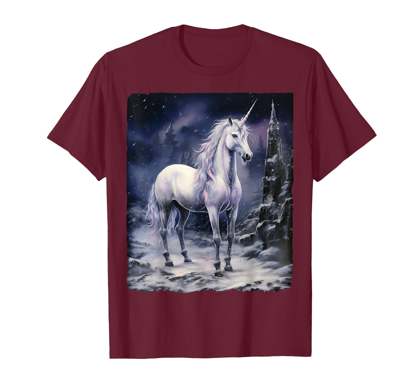 Fantasy white Unicorn standing on snowy mountain T-Shirt