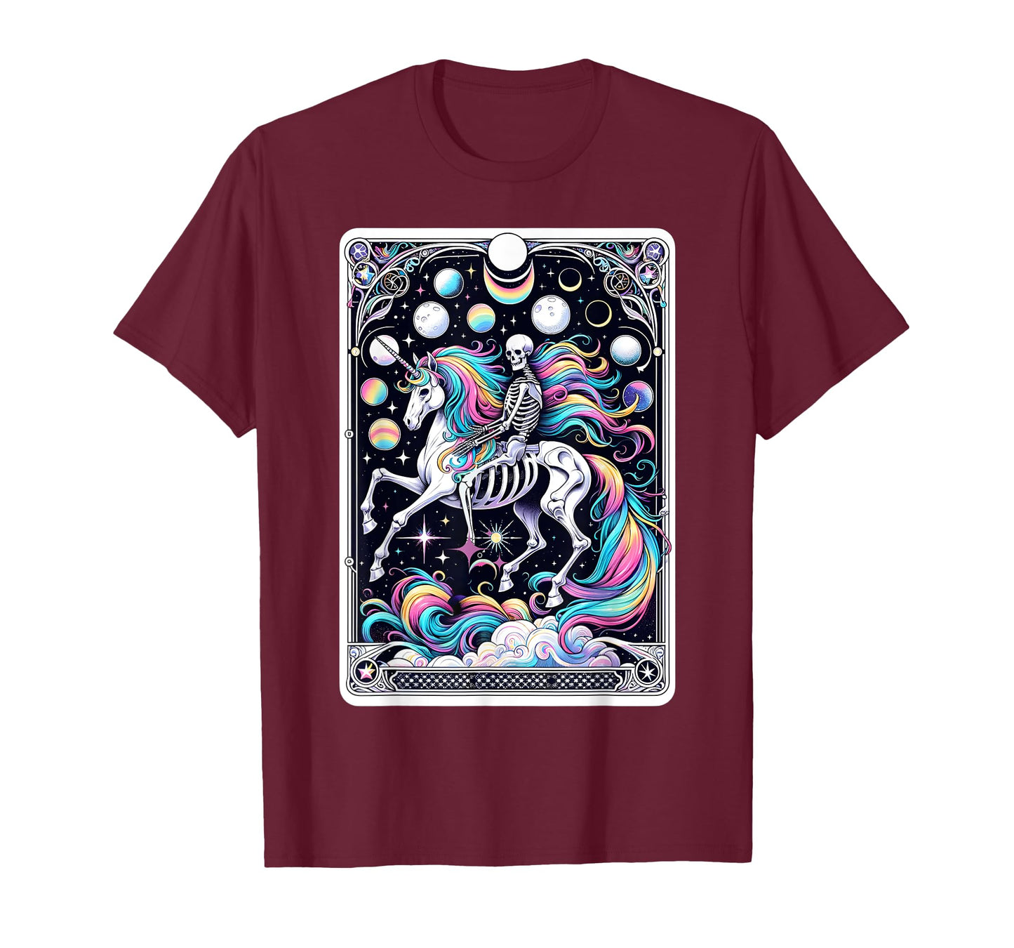 Skeleton Riding Unicorn Tarot Card Celestial Fantasy Art T-Shirt