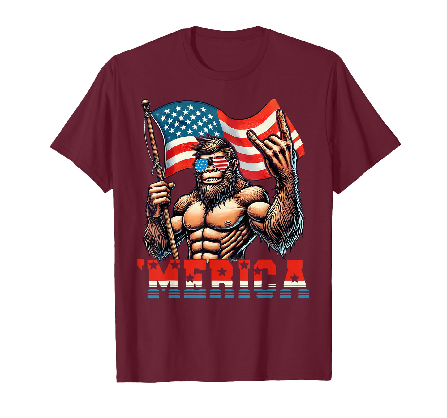 Bigfoot Merica Rock American Flag Patriotic 4th Of July T-Shirt