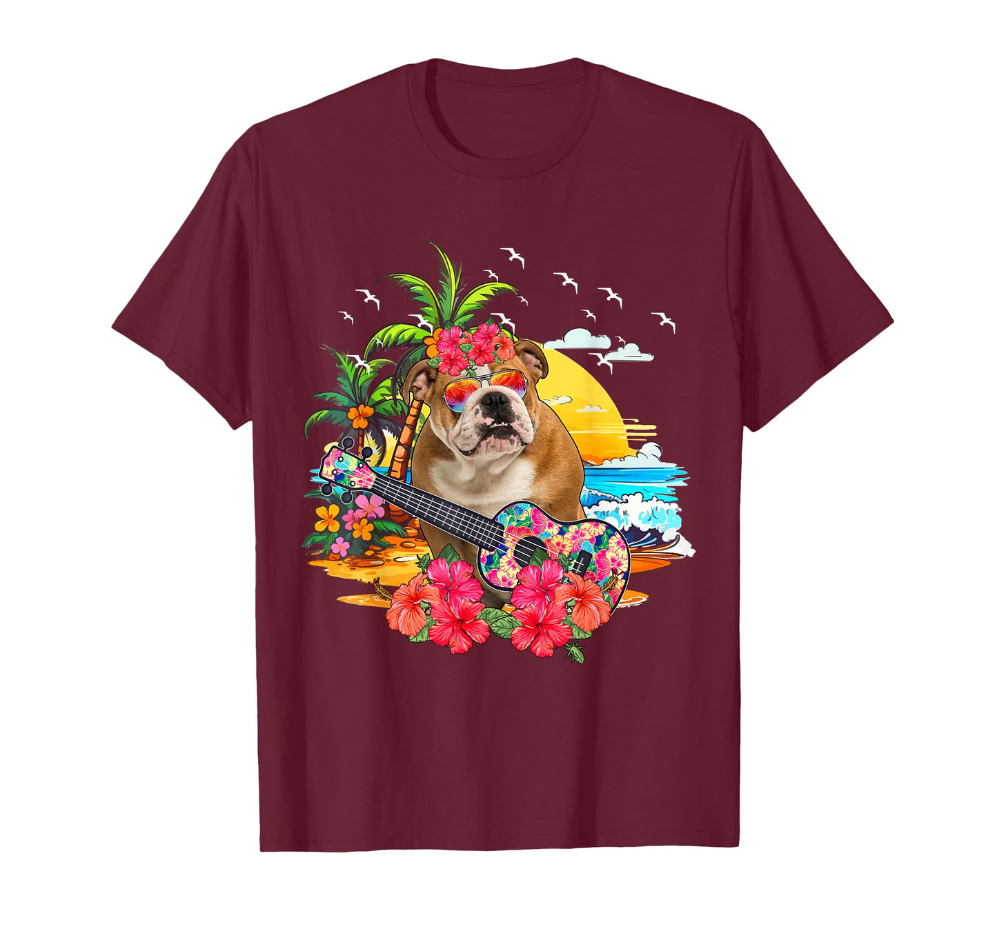 Hawaiian Floral Bulldog Sunglasses Playing Guitar On Beach T-Shirt