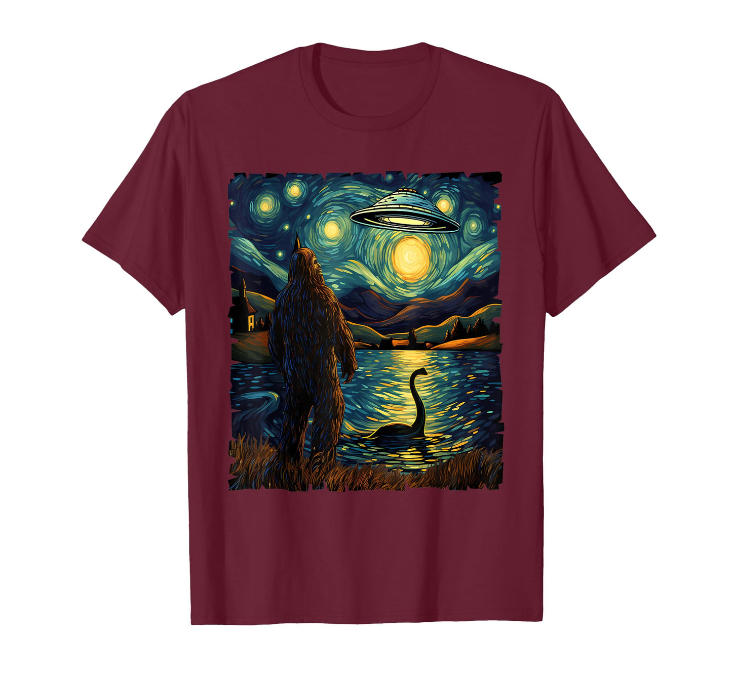 Funny Bigfoot UFO and Nessie Van Gogh Starry Night Painting T-Shirt