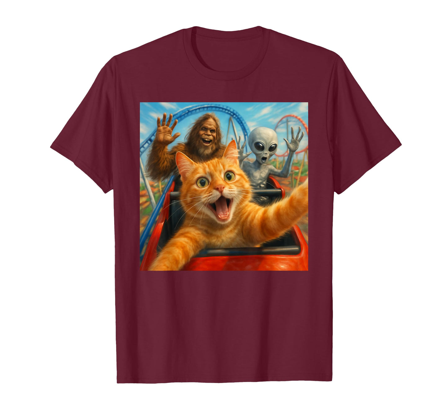 Funny Cat Selfie with Big Foot & Alien Roller Coaster Meme T-Shirt