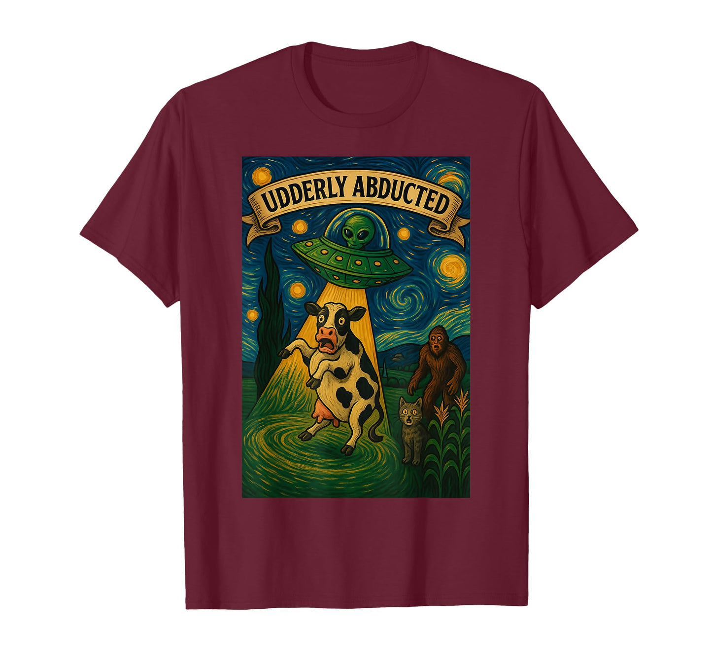 Alien Cow Abduction Bigfoot UFO Van Gogh T-Shirt