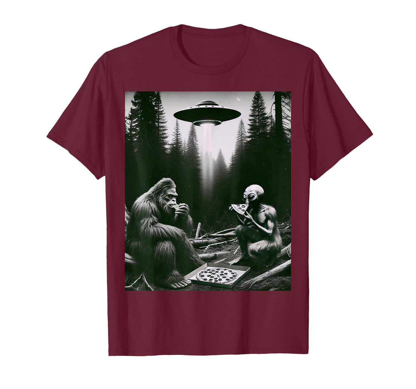 Funny Bigfoot With Alien Eating Pizza. Bigfoot And Alien UFO T-Shirt