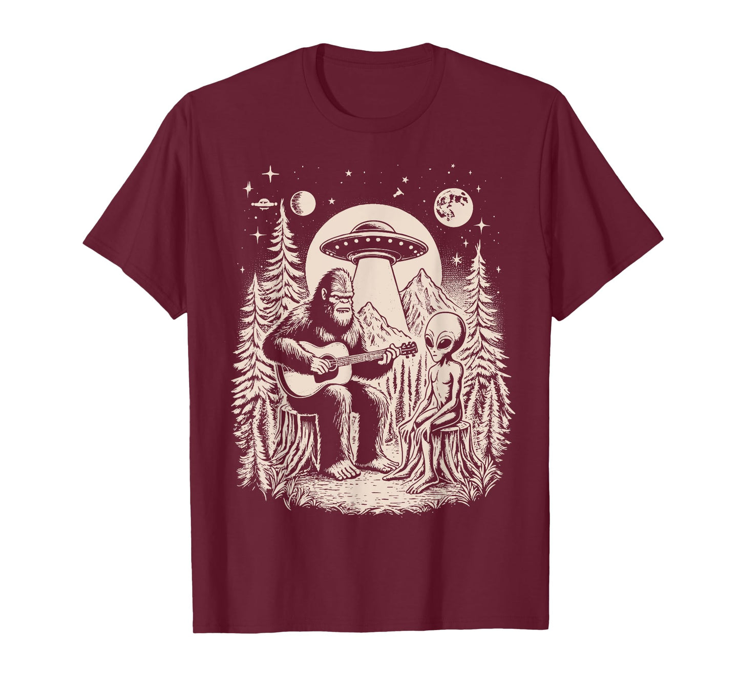 Funny Big Foot Alien Spaceship Big Foot Sasquatch Ape Guitar T-Shirt
